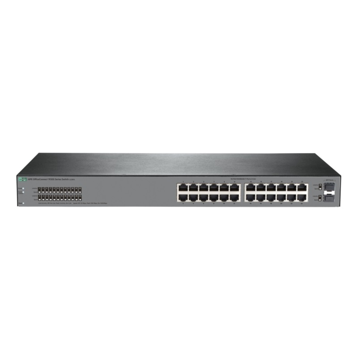 HPE Switch 1920S-24G-2SFP JL381A com 24 portas 10/100/1000Mbps RJ45 + 2 portas SFP 1G, camada 3,qos, vlan, gerenciável,até 52 Gbps, Navegador Web, VLANs, 1U, ARM Cortex-A9 @ 400 MHz, 256 MB SDRAM, 64 MB flash; packet buffer: 1.5 MB-0