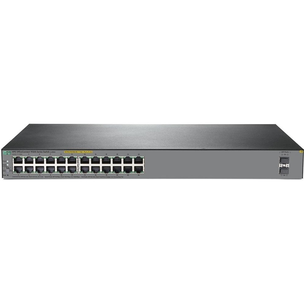 JL385A hpe Switch OfficeConnect 1920S 24G 2SFP PoE+ 370W, 24 portas PoE + 10/100/1000 PoE + com detecção automática RJ-45, 2 portas SFP 100/1000 Mbps,1u, camada 3, Ranhura SFP partilhada não, gereciável, modular sim, porta stak e uplink não, Cortex-A9-0