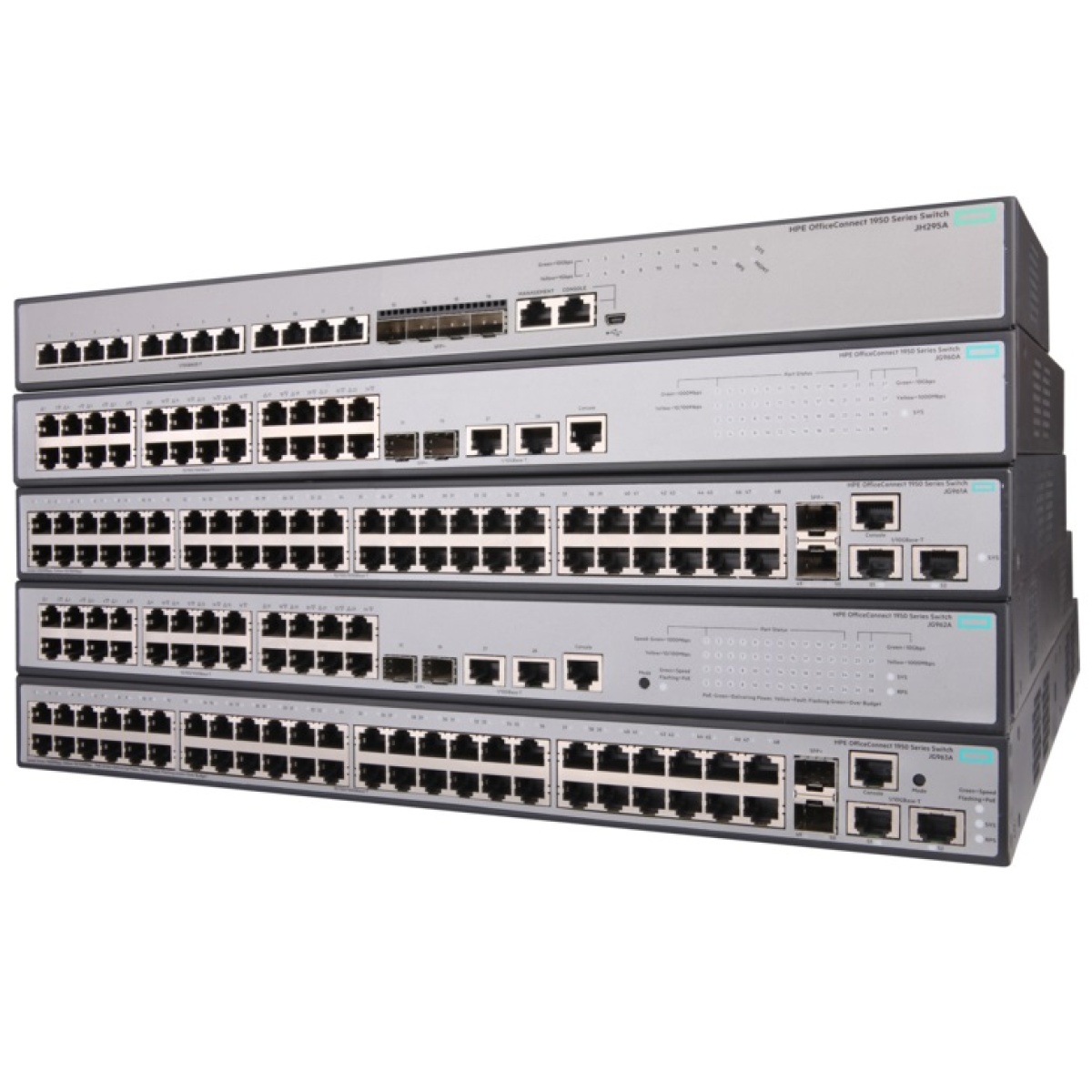 Switch Aruba 1950 24G JG962A hpe 24 portas RJ-45 10/100/1000 370 W PoE+, 2 portas 1000/10000 SFP+ fixas, 2 portas RJ-45 1/10GBASE-T, empilhável, gerenciável 128 Gbps