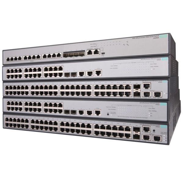 Switch Aruba 1950 24G JG962A hpe 24 portas RJ-45 10/100/1000 370 W PoE+, 2 portas 1000/10000 SFP+ fixas, 2 portas RJ-45 1/10GBASE-T, empilhável, gerenciável 128 Gbps