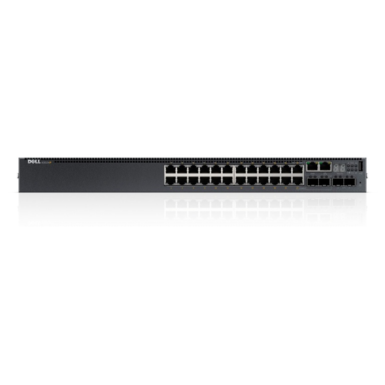 Dell Networking Switch N3024P 24 portas PoE+ 10/100/1000 Mbps + 2 portas Gigabit Combo e 2 portas 10G SFP+ Empilhavel ate 12 unid, camada 3,gerenciável, 30,8 watts em 24 portas, 212 Gbps, IPv4, IPv6, 210-ABOF,QoS,VLAN-0