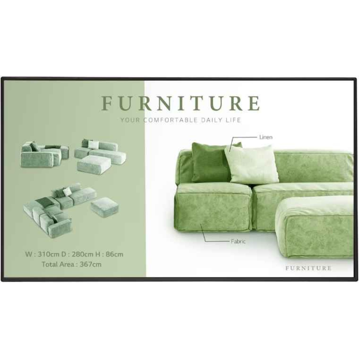Sofá verde moderno com almofadas, ideal para decoração de interiores.