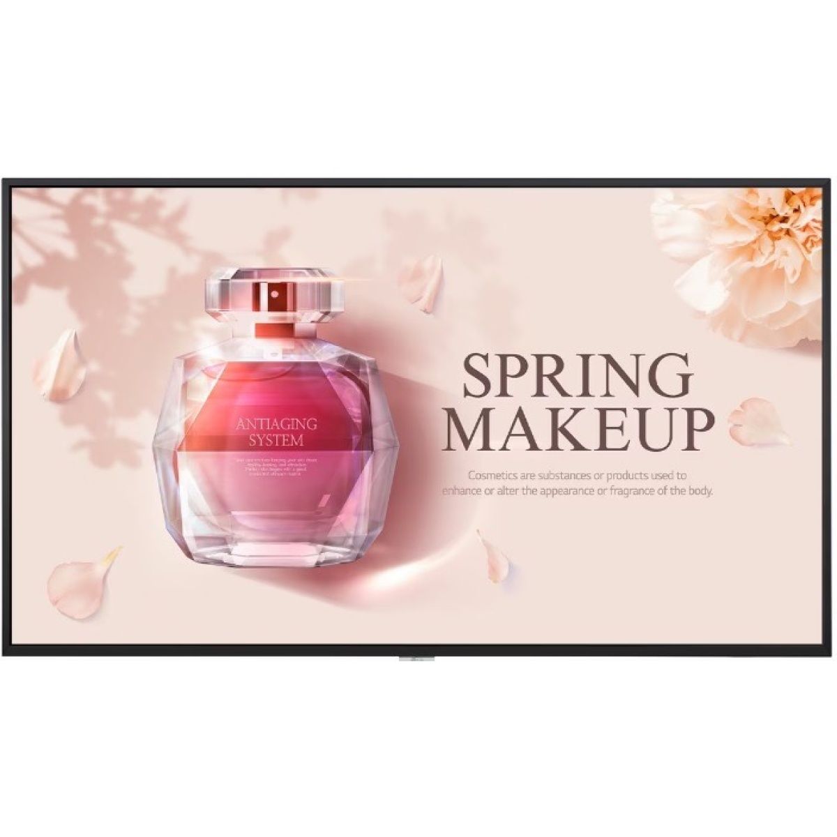 Frasco de perfume com tema de primavera e maquiagem.