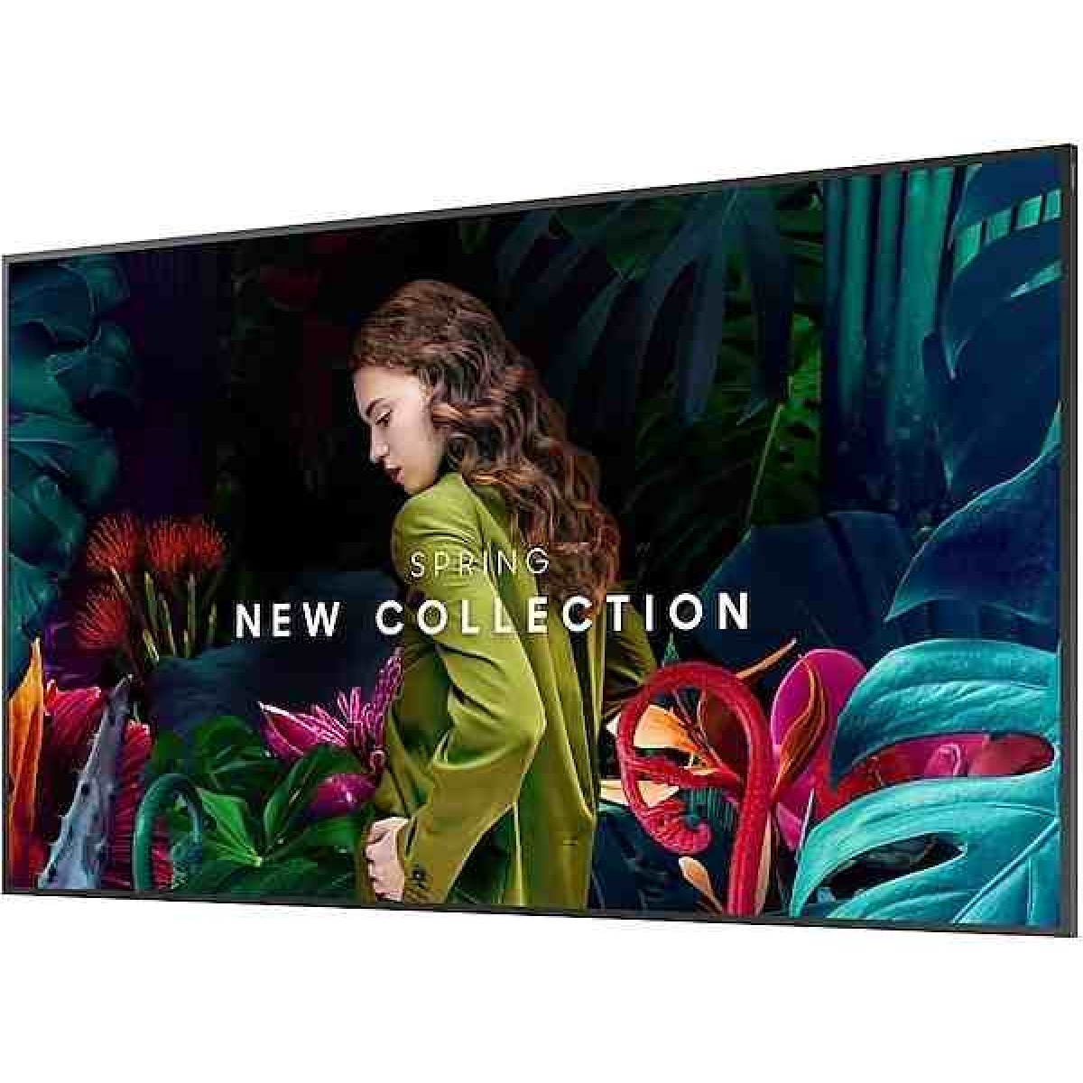 Modelo de banner da nova coleção com mulher e plantas tropicais.