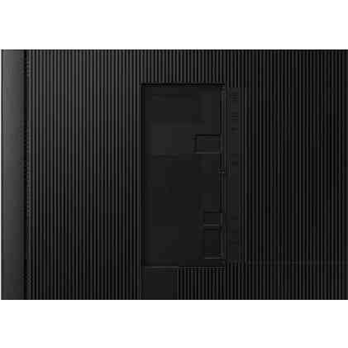 Painel traseiro de monitor preto com design listrado e porta de conexão.