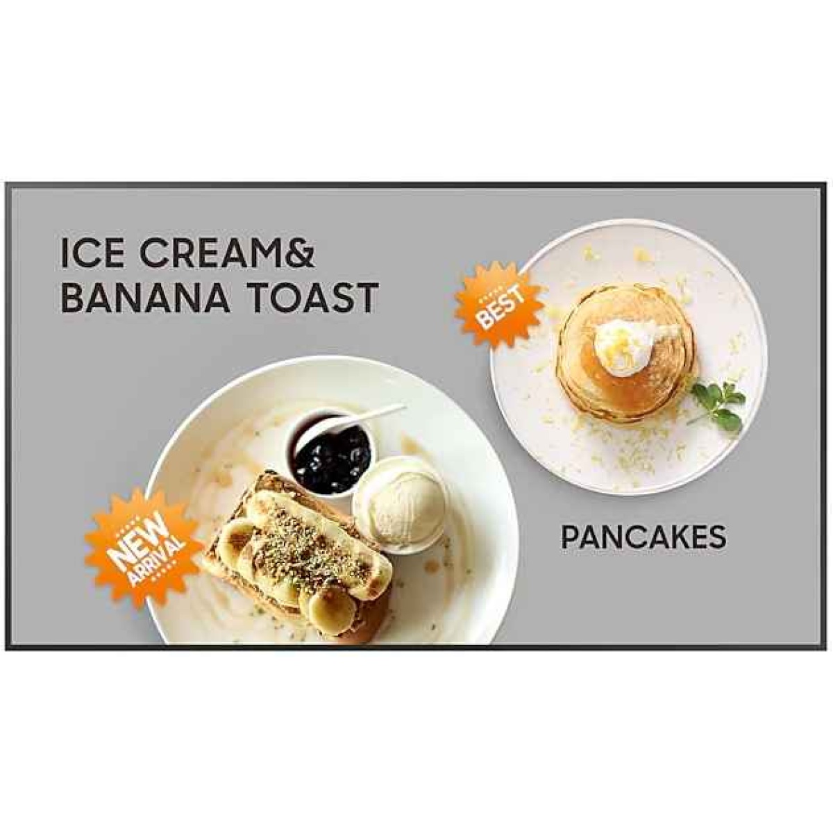 Promoção de sobremesas: torrada de banana com sorvete e panquecas.