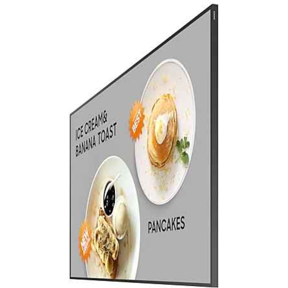 Pancakes e banana toast em um cardápio visual.