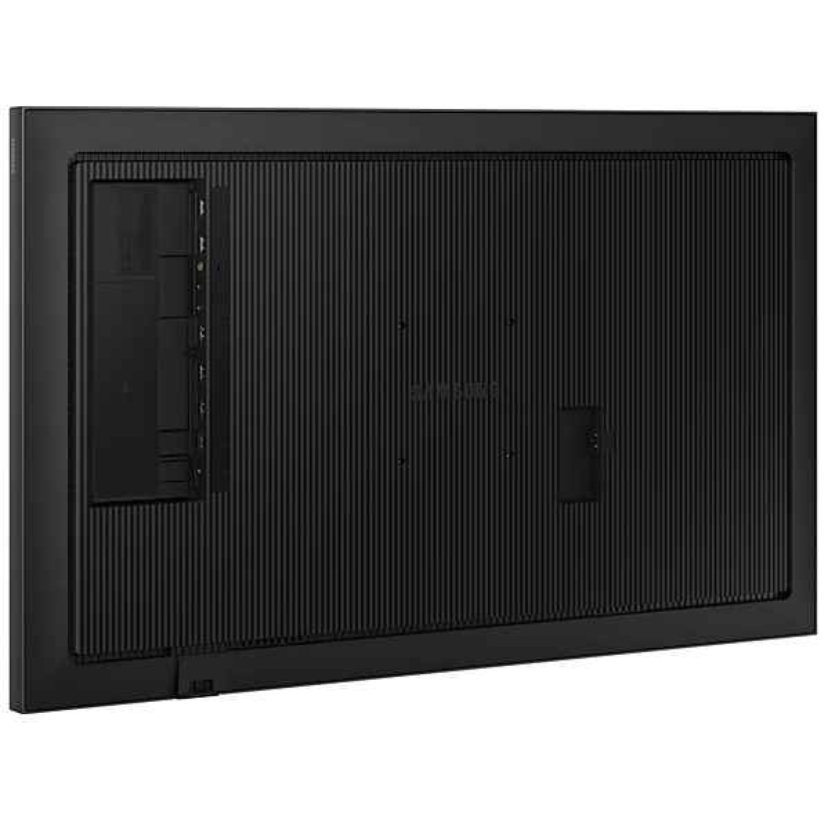 Monitor Samsung com design minimalista e conexões acessíveis na parte traseira.