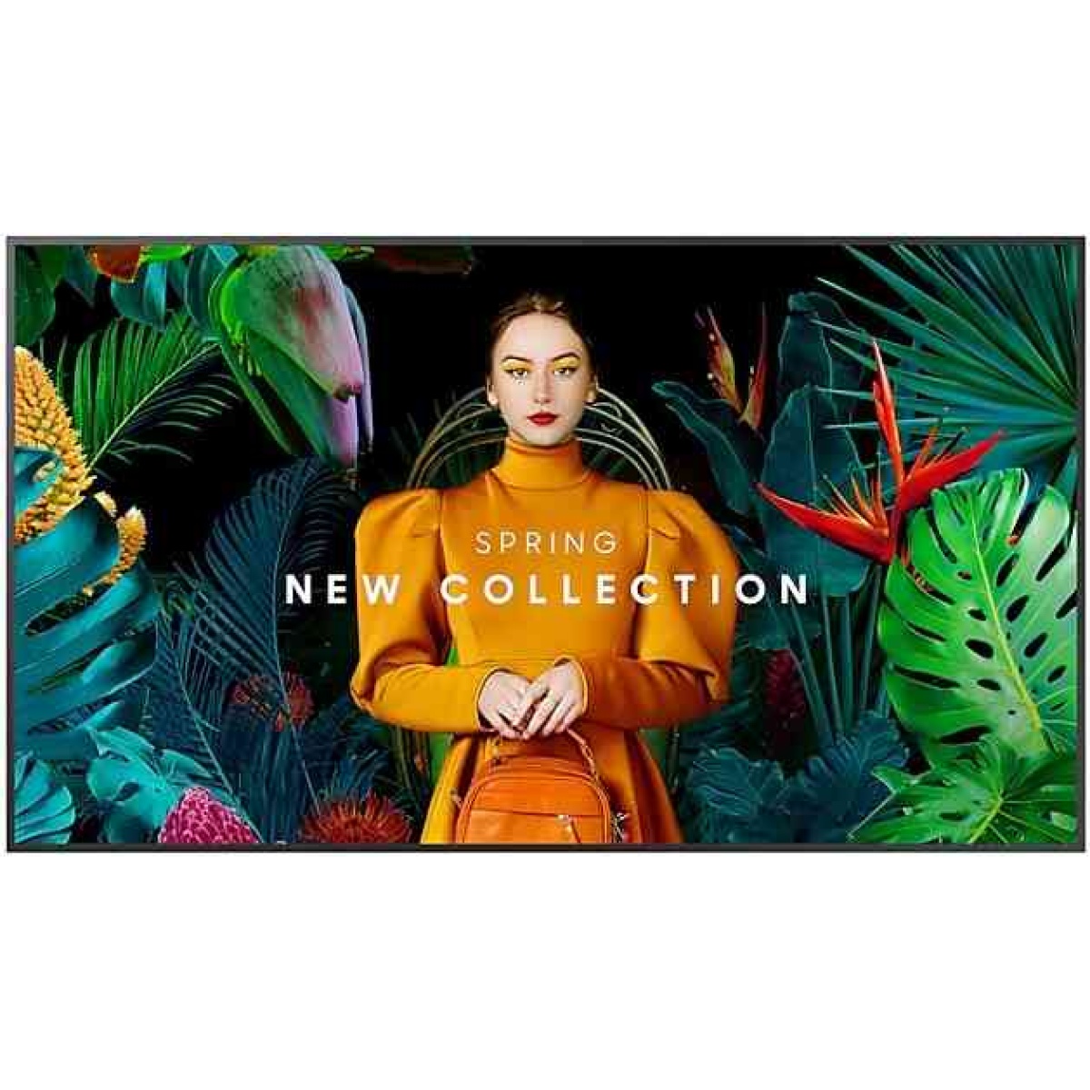 Modelo de moda feminina com fundo tropical, promovendo a nova coleção.