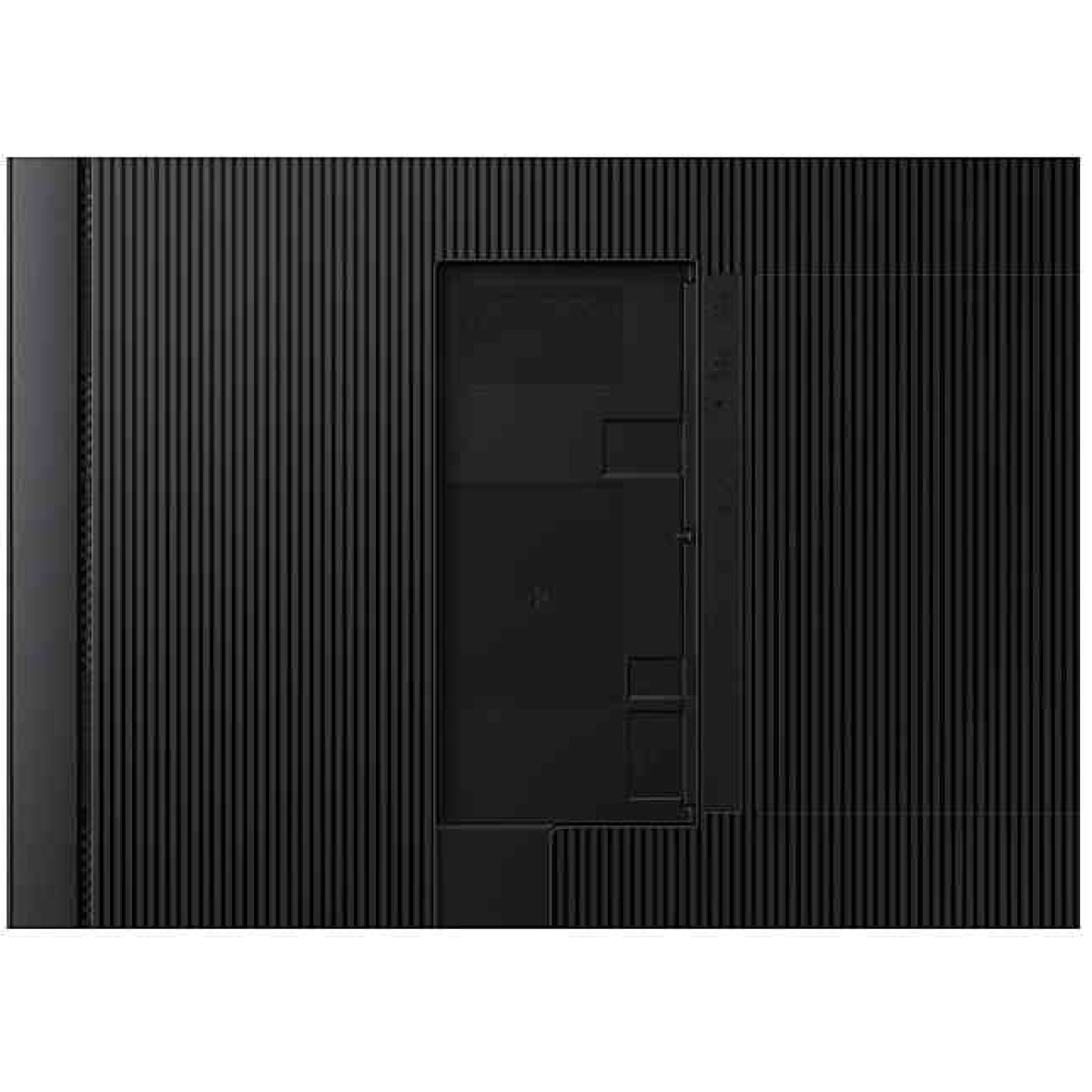 Gabinete de computador preto com design em ranhuras e painel lateral removível.
