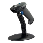 Leitor de código de barras, modelo ergonômico, marca não identificada, montado em suporte.