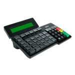 Teclado POS Giga, com display verde e teclas coloridas.