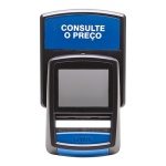 Terminal de consulta de preços, com tela e mensagem em destaque.