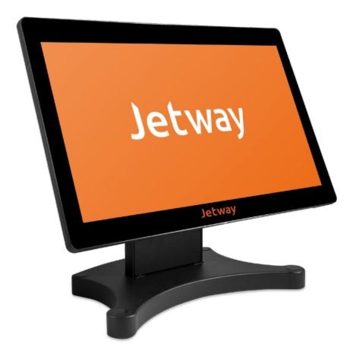 Monitor Jetway com tela laranja e suporte elegante.
