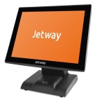 Monitor Jetway com tela sensível ao toque em fundo laranja.