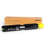 Toner Xerox amarelo para impressoras, embalagem e cartucho visíveis.