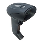 Leitor de código de barras, modelo X, design ergonômico e botão de scan.