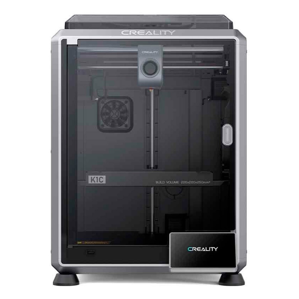 Impressora 3D Creality com design transparente e painel de controle frontal.