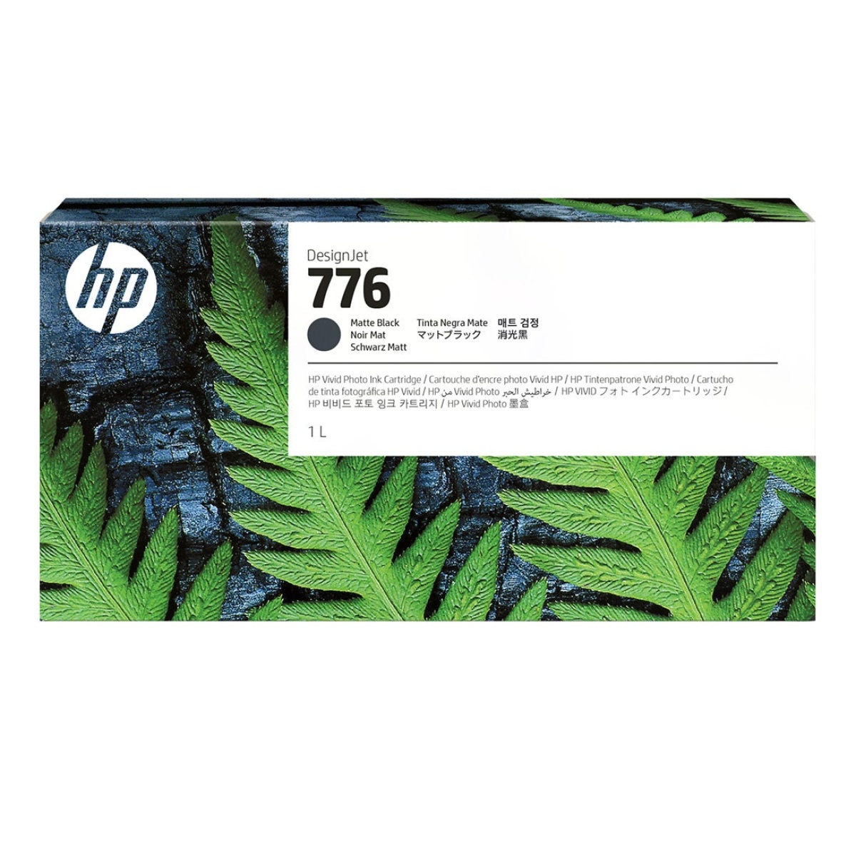 Cartucho de tinta HP 776, cor preta, com design de folhas verdes.