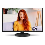 Monitor AOC, tela grande, exibindo uma mulher com cabelo ruivo.