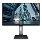 Monitor ASUS com design moderno e imagem de cidade futurista.