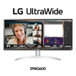 Monitor LG UltraWide 29WQ600 com tela dividida para videoconferências e multitarefa.
