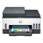 Impressora multifuncional HP com impressão colorida e painel de controle.