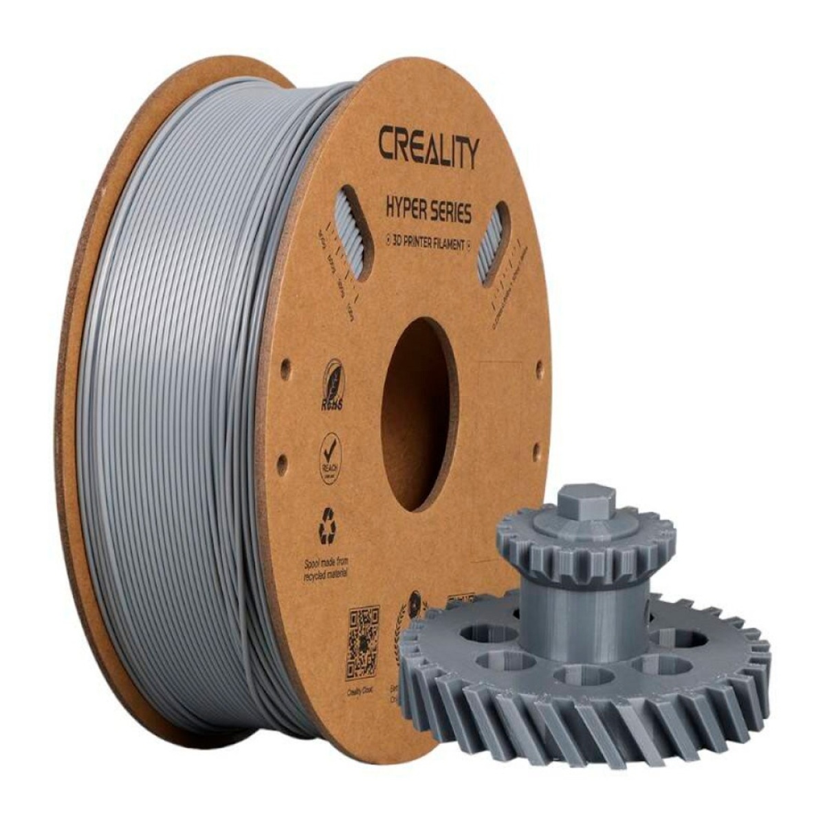Filamento para impressora 3D Creality, cor cinza, com engrenagem destacada.