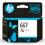 Cartucho de tinta HP 667, colorido, com 40% de plástico reciclável.