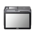 Monitor touchscreen da marca Genius, com design moderno e tela reflexiva.