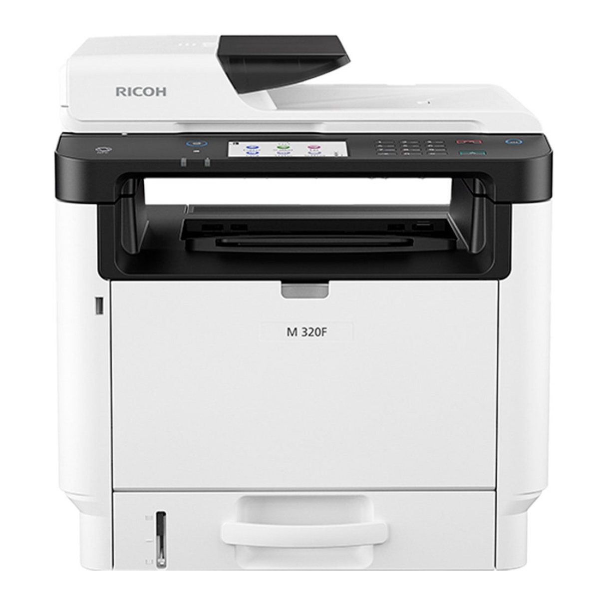 Impressora multifuncional Ricoh com scanner e bandeja de papel.