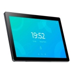 Tablet com tela touchscreen, mostrando hora 19:52 e interface colorida.