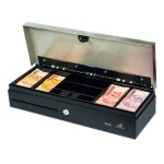 Caixa registradora metálica com compartimentos para cédulas e moedas.