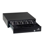 Gaveta de dinheiro preta, marca 1.000, com compartimentos organizados.