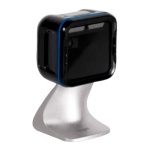 Câmera de segurança Logitech, design compacto, suporte elegante.