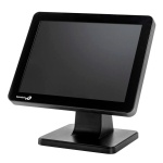 Monitor touchscreen preto da marca SenorTech, ideal para ambientes comerciais.