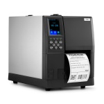 Impressora térmica Zebra com visor digital e rolo de etiquetas.