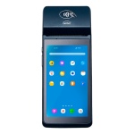 Terminal de pagamento sem fio, com tela sensível ao toque e ícones coloridos.