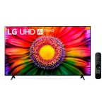 TV LG UHD com controle remoto e imagem vibrante de flor.