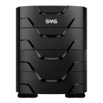 Gabinete SMS preto com design moderno e várias baias de armazenamento.