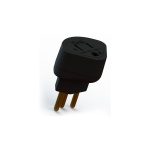 Adaptador de tomada preto com dois pinos para conexão elétrica.