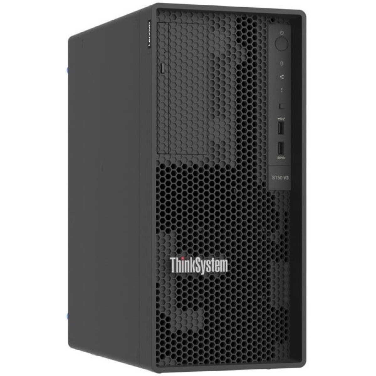 Desktop Lenovo ThinkSystem com design em preto e ventilação frontal.