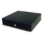 Caixa registradora eletrônica preta, modelo compacto, ideal para comércio.