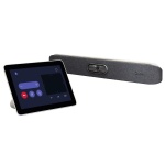 Barra de som e tablet de controle para videoconferência da marca Logitech.