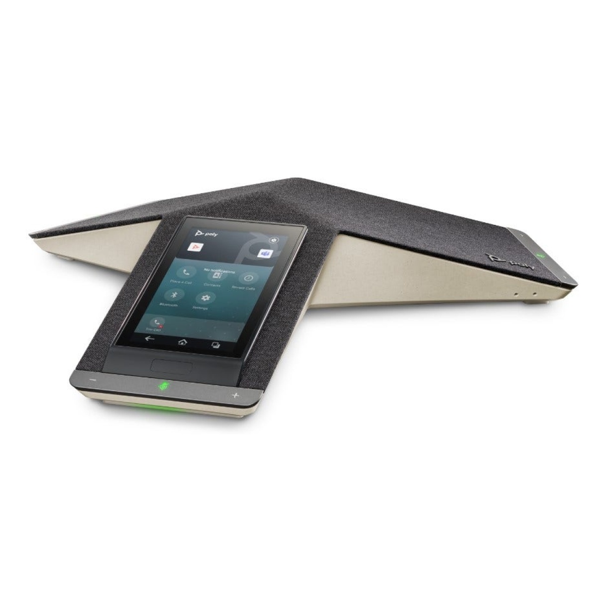 Telefone de conferência Polycom, design moderno e tela sensível ao toque.