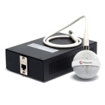 Microfone de mesa Polycom com unidade de controle e cabo conectado.