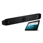 Barra de som Logitech com microfone integrado e tablet ao lado.