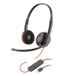 Fones de ouvido Logitech H340 com microfone e controle de volume.