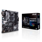 Placa-mãe ASUS PRIME B550M-A com design moderno e iluminação RGB.