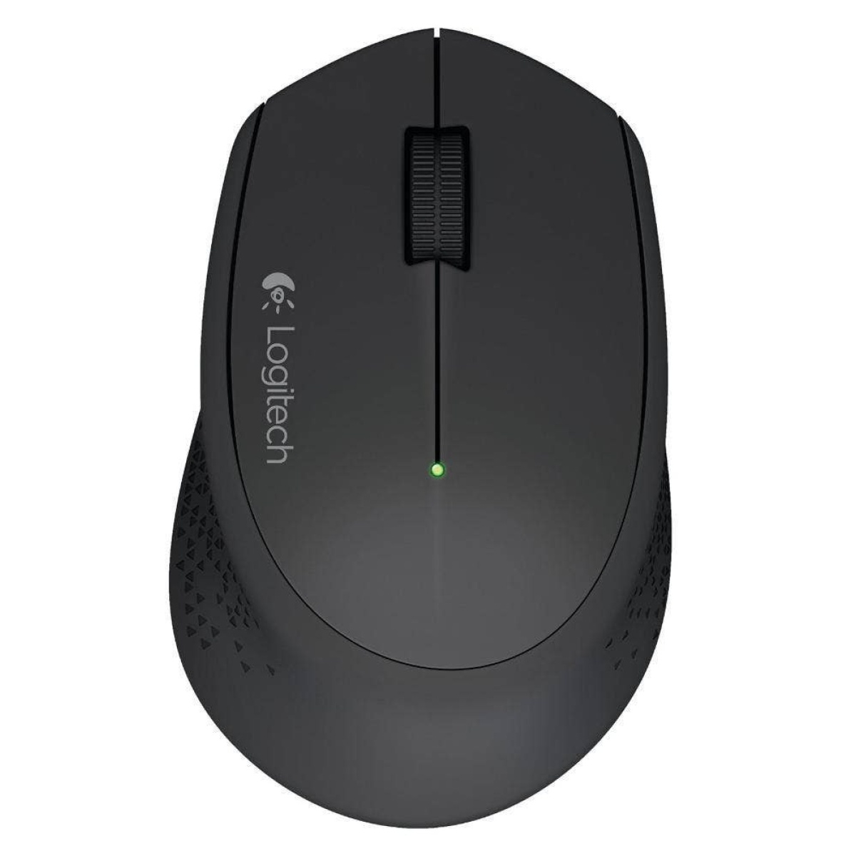 Mouse sem fio Logitech com design ergonômico e indicador LED verde.